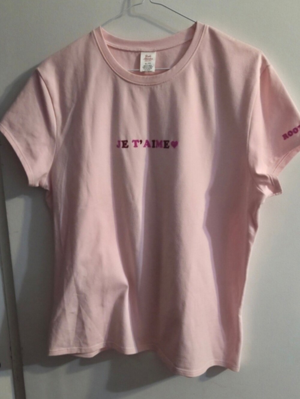 ROOTS tshirt XL Pink 'Je T'aime' NWOT